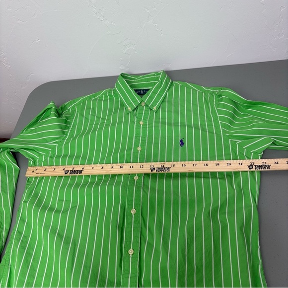 Ralph Lauren Custom Fit Men's Large Green White Stripe Purple Pony Button Up Top - Picture 6 of 7